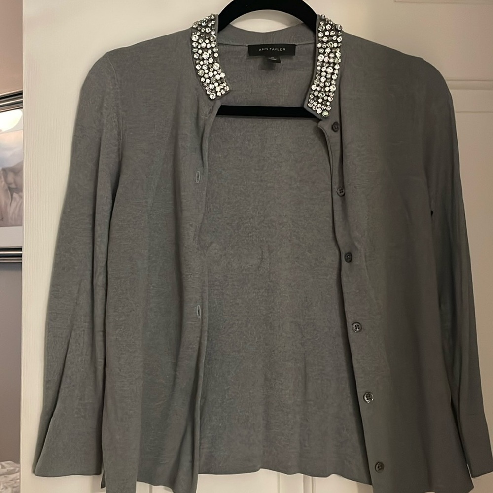 Ann Taylor grey, jeweled neck cardigan